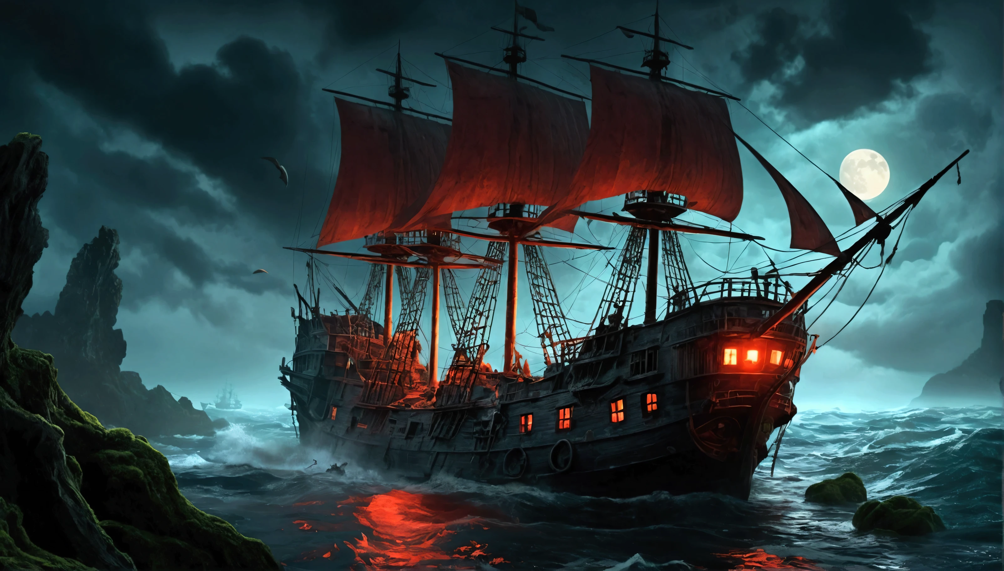 Huge ghost pirate ship,Old and dilapidated wooden ship,The sails are tattered,The surroundings are shrouded in mist,Moonlit Night on the High Seas,A ghostly figure wanders the ship,Unforgettable aura,Swirling Mist,The creaking sound of a ship,Skulls and bones scattered on the deck,A lantern twinkling in the darkness,The strong waves crashed against the ship,Thunder and lightning light up the sky,Blood-red full moon,Shipwreck treasure hidden in the deep sea,broken compass,A spooky mermaid seduces a sailor,Ominous Presence,Eerie silence,Rising black smoke,Whispers of the past,Rotten net hanging from the mast,Captain Ghost in tattered clothes,Otherworldly brilliance,Hidden message in old map,A bright red sea serpent was floating on the ship.,A barrel of rum rolls onto the deck,Cannon balls ready to fire,paranormal phenomena,Ominous atmosphere,Voodoo Spell Book,old telescope,The deck is covered in algae and moss. (Highest quality, 4K, High resolution, masterpiece:1.2), More about Ulla, Realistic, High resolution, Strong chiaroscuro lighting effects, Vibrant colors and contrast, mysterious color palette, Spooky atmosphere, Dramatic Shadows, Mysterious glow, ghost reflected on the water.