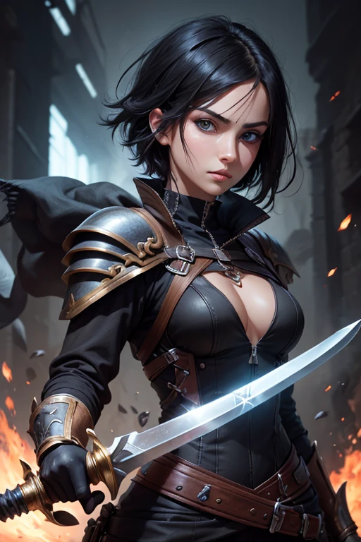 absurdrez, ultra details, high qualiy, Artwork, face detailed, gorgeous eyes(detailedeyes) warrior with sword, short black hair, Paladin's Heavy Armor, fully body, tense facial expression, gaping mouth, yelling, grappling, gazing at viewer, eye shadow, eye pencils, super lashes, fully body