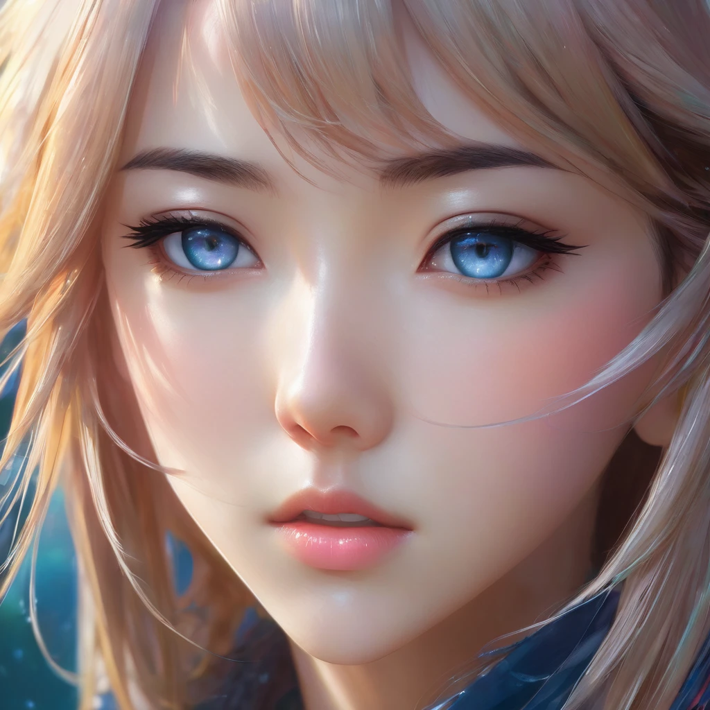 a close-up portrait of a beautiful anime-style girl with smooth, soft skin, big dreamy eyes, intricate colored hair, symmetrical features, and a detailed, captivating face, in a soft lighting style, digital painting by makoto shinkai, stanley artgerm lau, wlop, rossdraws, concept art