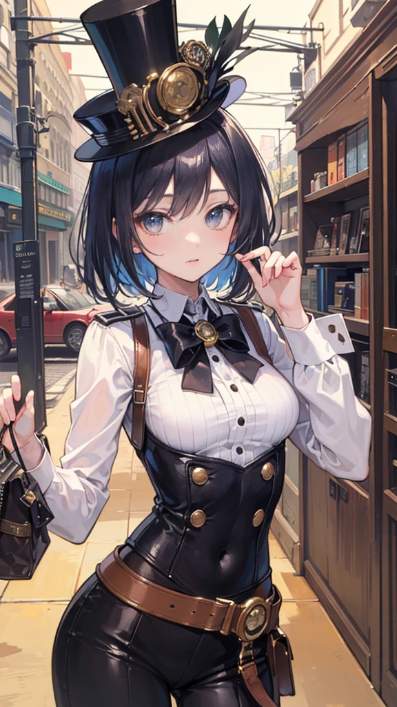 ((Best masterpiece, Perfect quality, Ultra detailed)), A skinny pilot girl with small breasts, Wearing antique top hat, Wearing cotton y-shirt, Steampunk