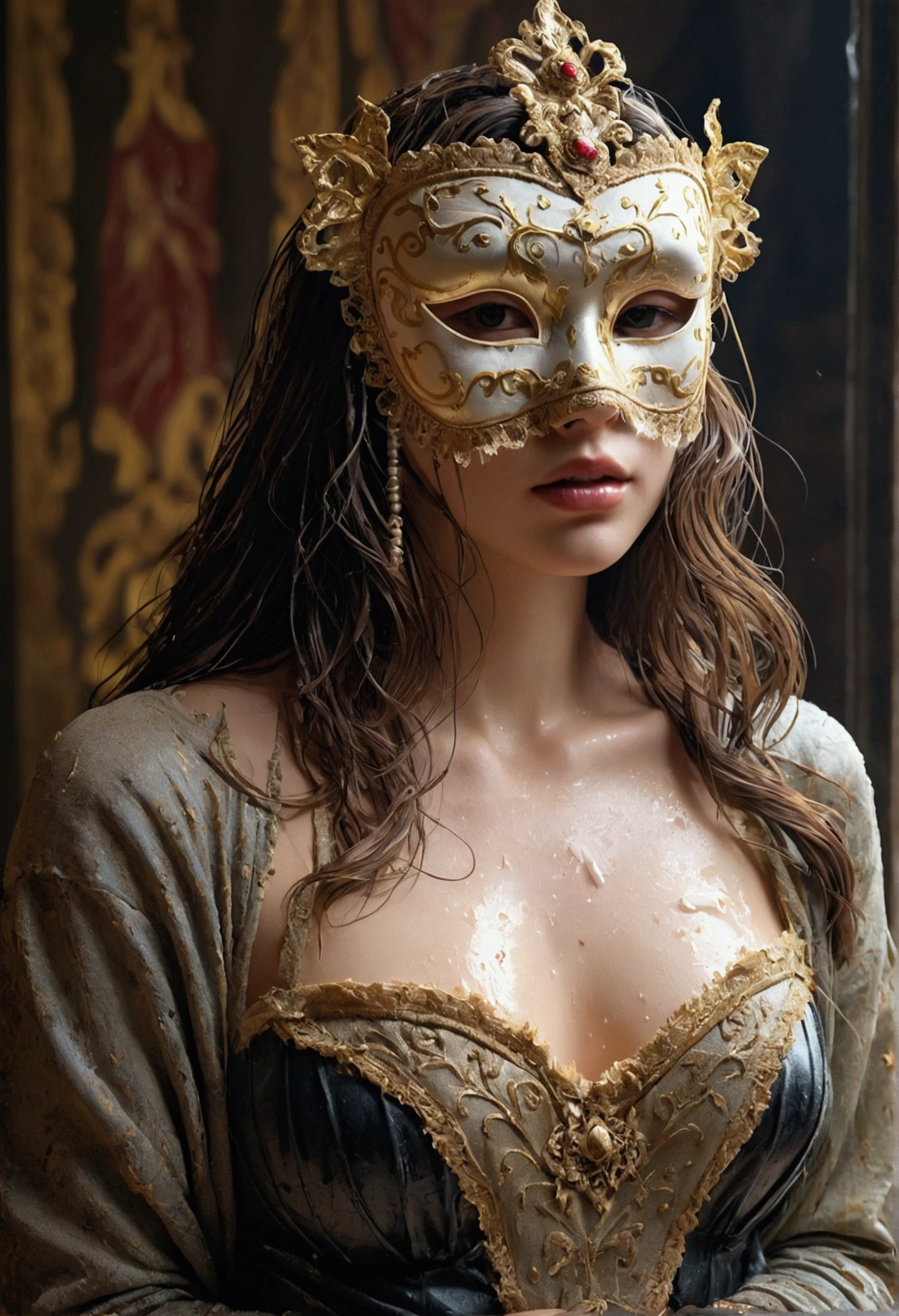 woman, beautiful, realistic, original, cluster, some torn in clothes, wet skin, good booty, much torn in clothes, venetian mask h