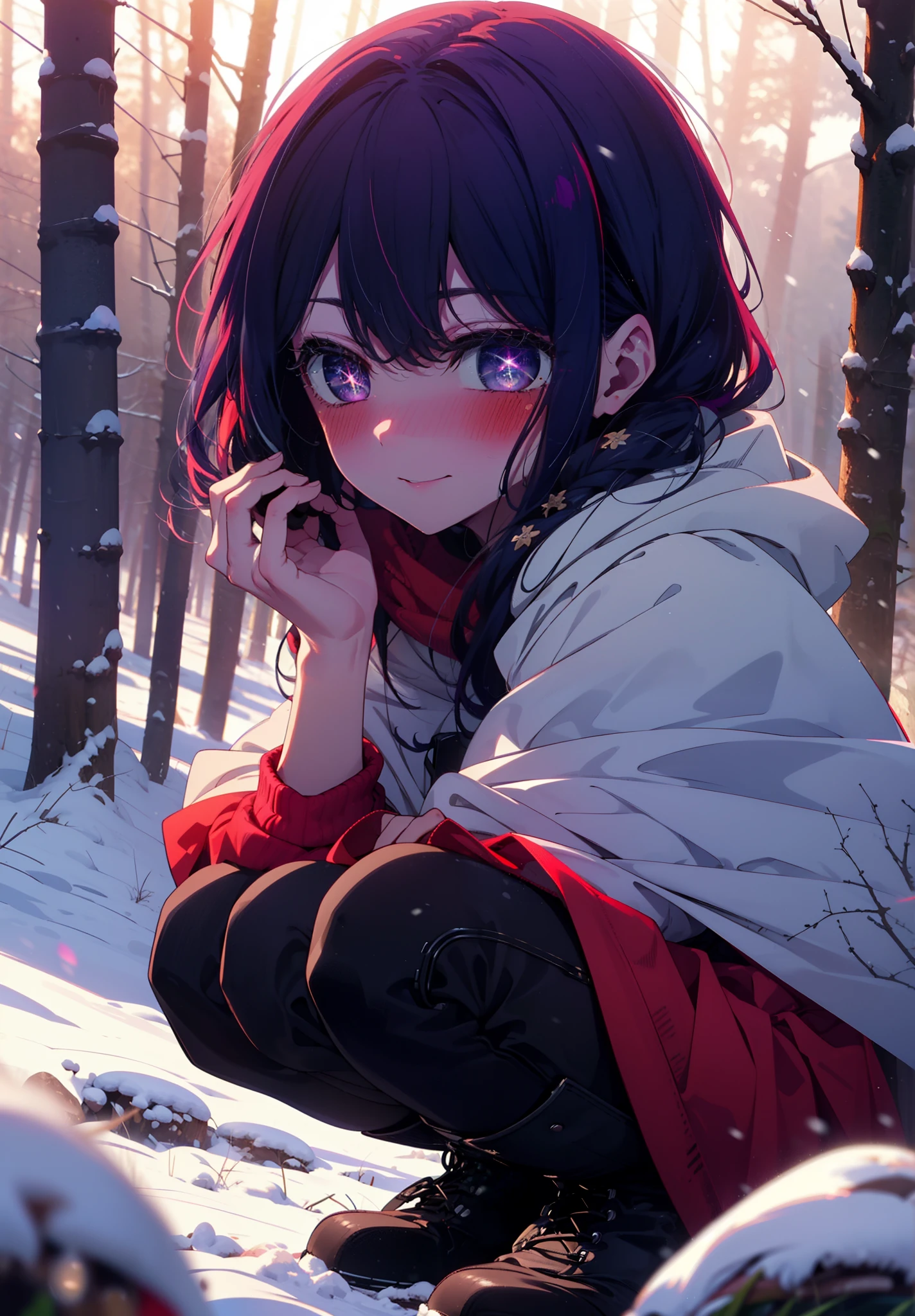 aihoshino, Ai Hoshino, Long Hair, bangs, (Purple eyes:1.1), Purple Hair, (Symbol-shaped pupil:1.5), smile,,smile,blush,white breath,
Open your mouth,snow,Ground bonfire, Outdoor, boots, snowing, From the side, wood, suitcase, Cape, Blurred, , forest, White handbag, nature,  Squat, Mouth closed, Cape, winter, Written boundary depth, Black shoes, red Cape break looking at viewer, Upper Body, whole body, break Outdoor, forest, nature, break (masterpiece:1.2), Highest quality, High resolution, unity 8k wallpaper, (shape:0.8), (Beautiful and beautiful eyes:1.6), Highly detailed face, Perfect lighting, Extremely detailed CG, (Perfect hands, Perfect ???????),