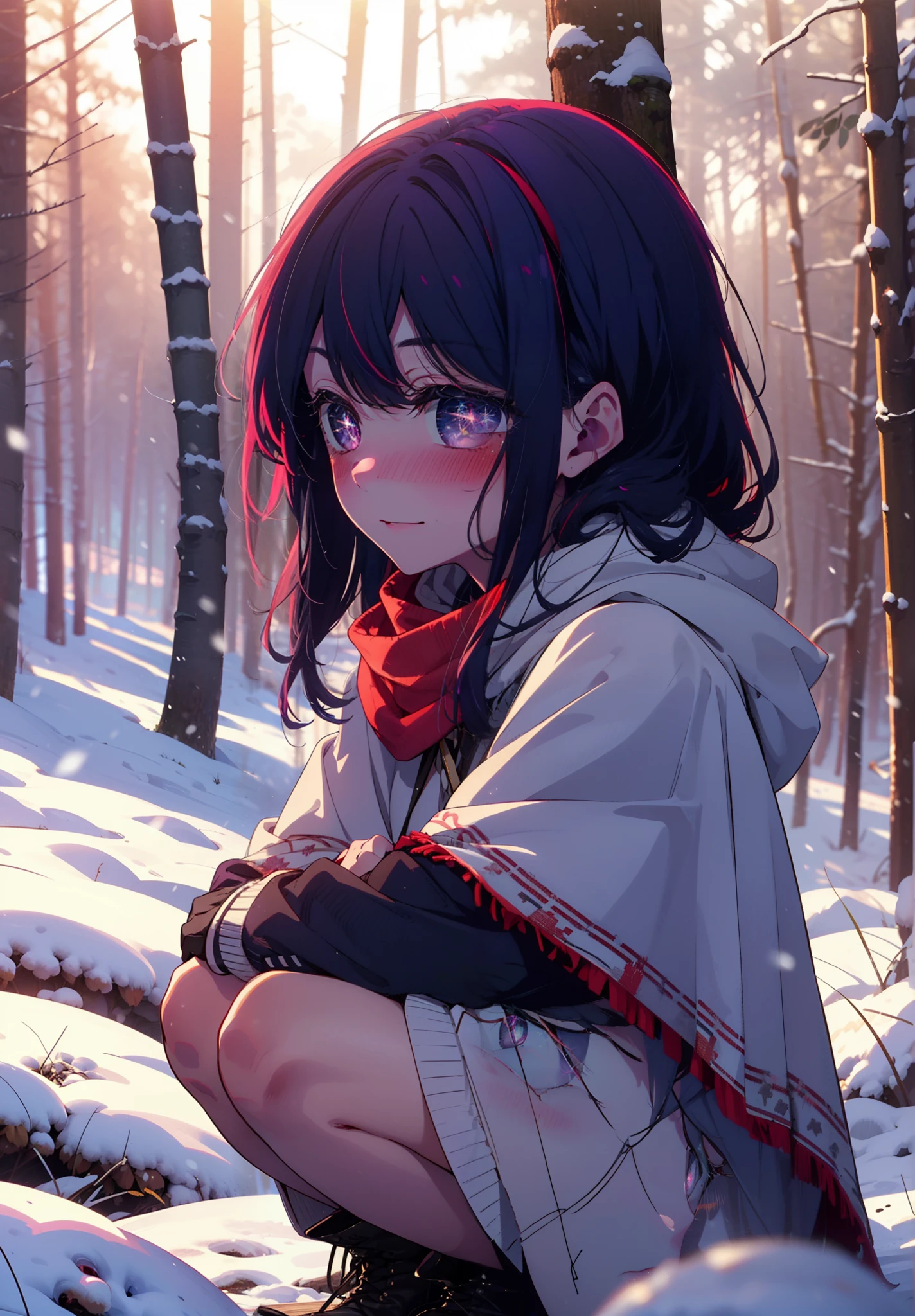 aihoshino, Ai Hoshino, Long Hair, bangs, (Purple eyes:1.1), Purple Hair, (Symbol-shaped pupil:1.5), smile,,smile,blush,white breath,
Open your mouth,snow,Ground bonfire, Outdoor, boots, snowing, From the side, wood, suitcase, Cape, Blurred, , forest, White handbag, nature,  Squat, Mouth closed, Cape, winter, Written boundary depth, Black shoes, red Cape break looking at viewer, Upper Body, whole body, break Outdoor, forest, nature, break (masterpiece:1.2), Highest quality, High resolution, unity 8k wallpaper, (shape:0.8), (Beautiful and beautiful eyes:1.6), Highly detailed face, Perfect lighting, Extremely detailed CG, (Perfect hands, Perfect Anatomy),