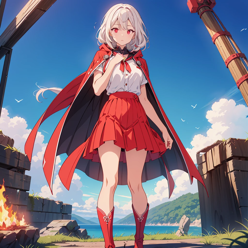 (Tabletop, Highest quality), (perfect athletic body: 1.2), (Thin Hair), Super Detailer, Anime Style, whole body, alone, Cyberpunk Karate Girl, Sea green twin hairstyle with red eyes, Wearing a shabby cloak and red skirt, Wearing long boots, Burnt mechanical limbs, giant limbs, a burning hole in my chest, Standing in the Wilderness, 8K high resolution, White Background, whole body, Fighting Pose, ((woman'purple-black flame'Fist of))Bullish appearance