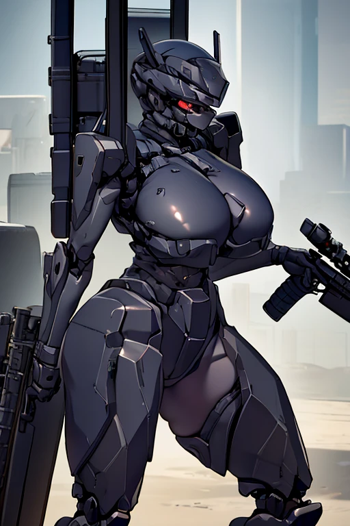 Black shiny rubber suit、Carry a sniper rifle、giganticbreasts、Beautiful thighs、Black Hair、robot joint、Mask with camera、