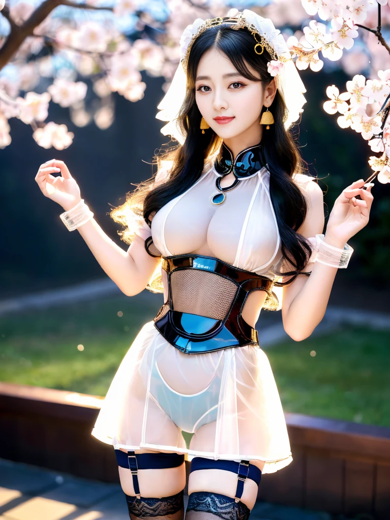 A Chinese female racing model,((night),(moonlight),(Fall),(Rainy Scene)), (8K Ultra HD, Digital SLR Camera, Soft Light, high quality, Volumetric Lighting, frank, photo, high resolution, 4K, 8K, Bokeh), ((((The same face as the coser))), (Create stunning images of real girls), warm light, Realistic shadows, Dynamic poses, Elegant Posture, Cowboy lens, Facing the camera,Looking confident from the front,Be confident, Body facing the camera, Standing facing the camera, Open your legs slightly, Golden Ratio Graphics, Minimalism), (Show a charming smile, Willow Leaf Eyebrows, big eyes, Apricot eye prick, Cherry Blossom, Balanced Eyes, Oval face, Pretty Face, Normal facial features, Skin is transparent and visible, Delicate skin, Slim body, cosmetic, earrings, bracelet, necklace, Jewelry, veil, Hair accessories, Headdress), ((beautiful hair), black hair, Wavy curly hairstyle, Waist-length hair, Messy Hairstyle, Gradient hairstyles, Cyberpunk hairstyle), ((Transparent clothes:1.5), (The color of the clothes:blue), Transparent Clothes, See-through clothes, Transparent Clothes, Tulle clothes, Mesh clothes, Transparent and flowing Hanfu, Transparent lace vest), (Sexy, Perfect breast shape, Teardrop chest shape, Snow-white breasts, very detailed breasts, 34E cup), (Super high waist,(Camel toe, High fork strangulation)), (sock, Knee socks, 吊garter, Leg ring, garter, 腿部garter)