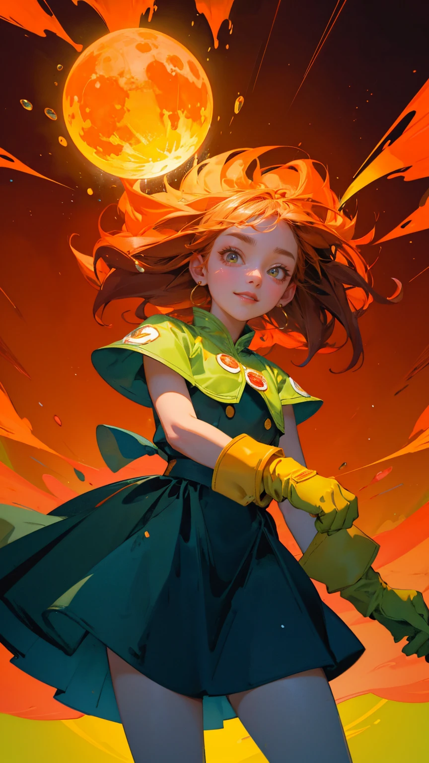 a girl with big eyes and a happy expression is standing on the ground, surrounded by flames, while looking up at an orange sun in the sky. The background behind his head reflects yellow light, and he has green skin. He wears white gloves and holds water droplets under one arm. His mouth opens wide to show sharp teeth. This illustration was created using digital art techniques. It uses bright colors such as reds, yellows, oranges, greens, dark blue, etc., giving it a lively feeling.