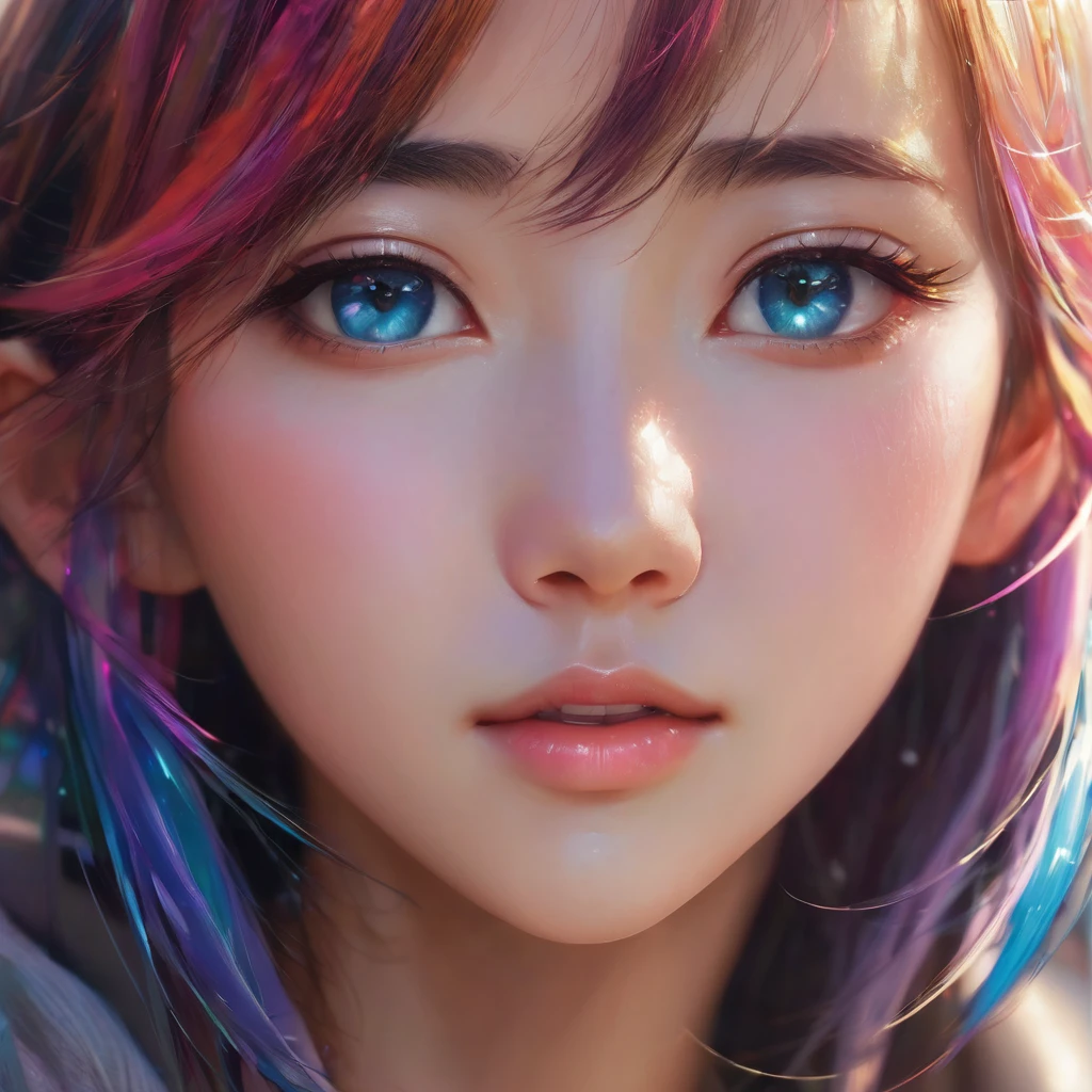 a beautiful anime-style girl, detailed intricate colored hair, big dreamy eyes, symmetrical features, smooth soft skin, detailed captivating face, soft lighting, digital painting, makoto shinkai, stanley artgerm lau, wlop, rossdraws, concept art, best quality, 4k, 8k, highres, masterpiece:1.2, ultra-detailed, realistic, photorealistic, photo-realistic:1.37, HDR, UHD, studio lighting, ultra-fine painting, sharp focus, physically-based rendering, extreme detail description, professional, vivid colors, bokeh