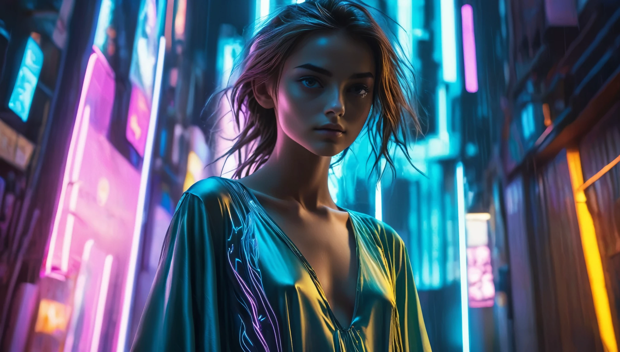 Top Quality, Masterpiece, High Resolution, 8k, (((cute skinny barely legal girl in oversized silky nightgown with plunging neckline, wide neckline, deep neckline, small perky breasts, beautiful detailed eyes, beautiful detailed lips, small closed mouth, extremely detailed face, randowm long hair style, small hips))), cyberpunk apartment, moody atmosphere, dramatic and random neon colors, futuristic setting, intricate details, at night, backlit, random neon clor, full body shot, view from distance