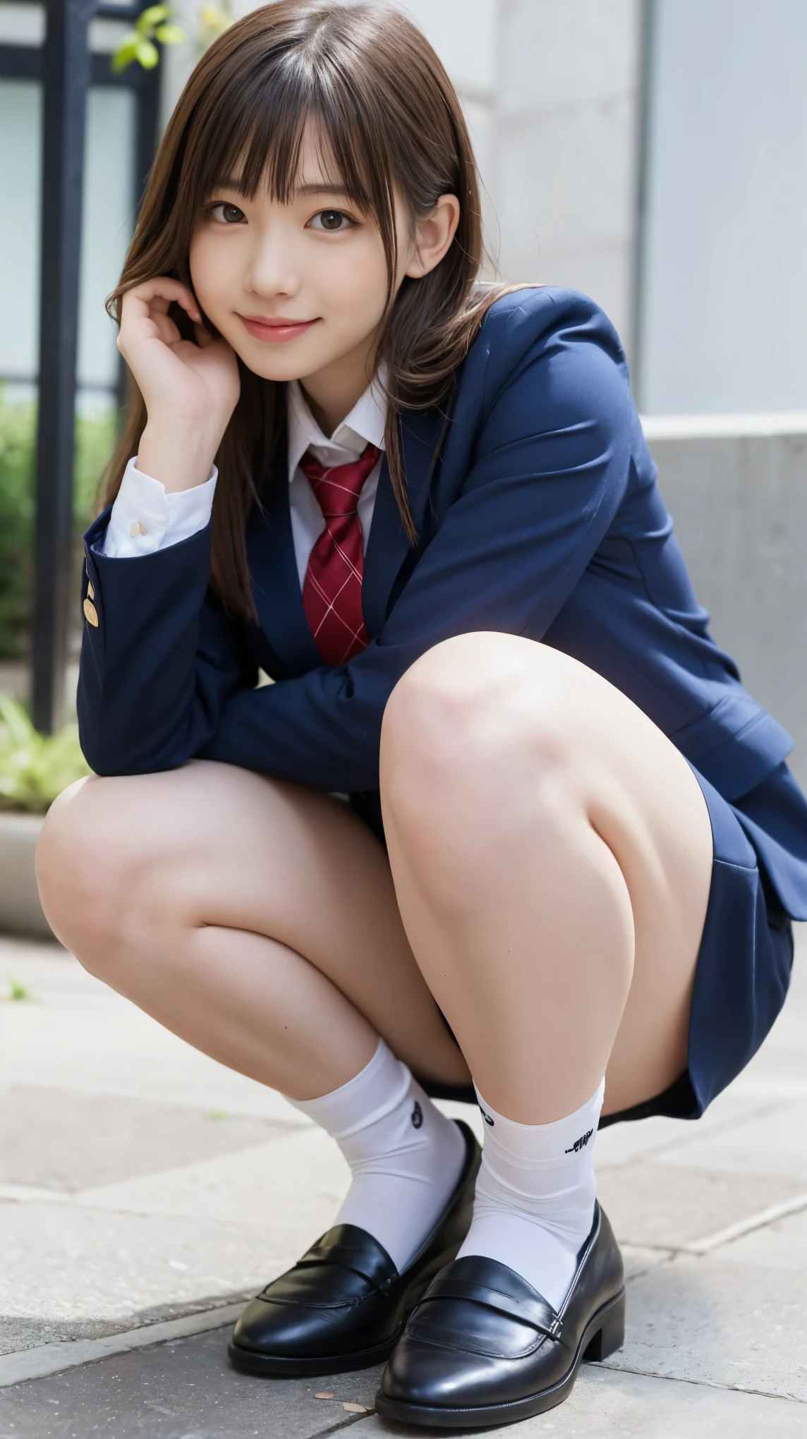 歩道でsquatかわいい18歳の女の子,Red Tie Uniform,Dark Blue Blazer,Blue checked mini skirt,bangs,A small smile,Thighs,knees,Random Pause,pretty girl,Slender girl,squat,