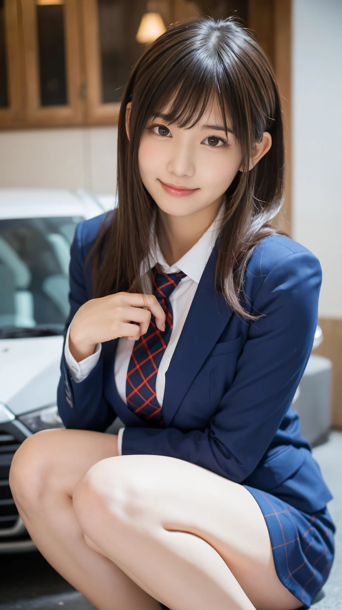 歩道でsquatかわいい18歳の女の子,Red Tie Uniform,Dark Blue Blazer,Blue checked mini skirt,bangs,A small smile,Thighs,knees,Random Pause，pretty girl，Slender girl，squat，