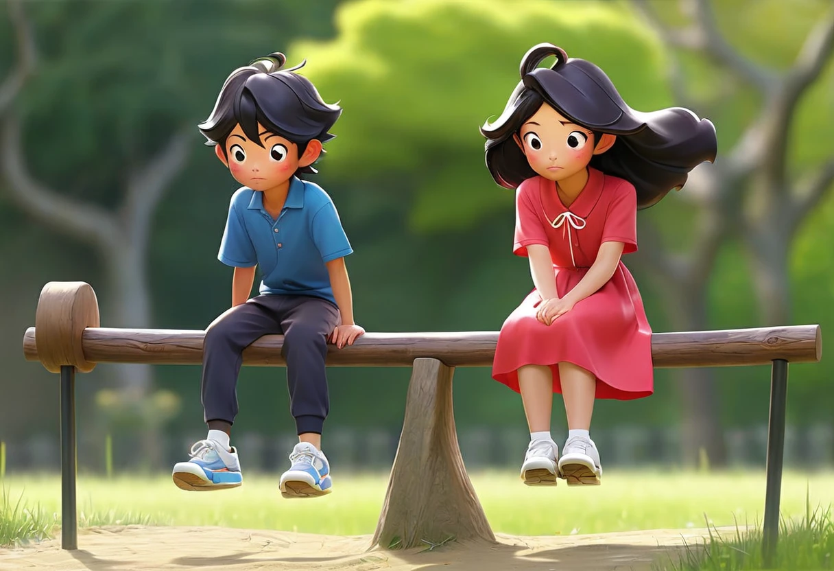 Riding a seesaw、2people、I'm facing、一peopleがプレゼントを恥ずかしそうにプレゼントを渡してる、もう一peopleが嬉しそうに喜んでいる笑顔