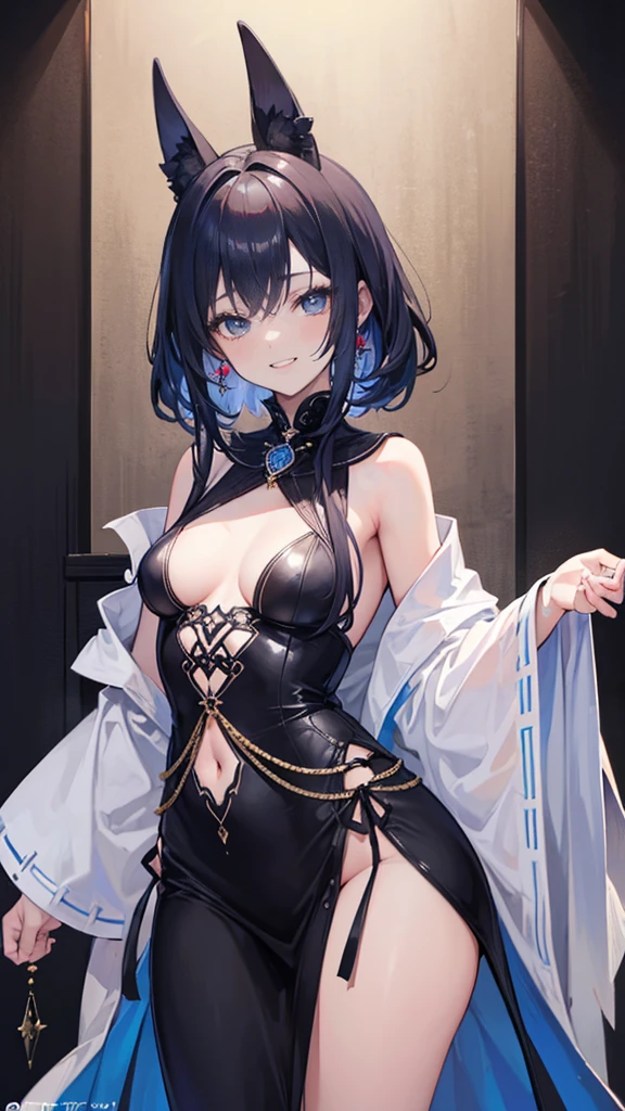 ((Best masterpiece, Perfect quality, Ultra detailed)), A skinny illusionist girl with small breasts, Wearing goth robe, Giggling