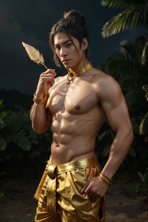 Asian god, A handsome Thai guy, gold bangle on arms, gold bangle on upper arm, gold earing, gold pendant, gold embroidered collar on showder, gold rings, Indian Dhoti Style, a red cloth draped over the left shoulder, topless, top-knot hairstyle and Peacock feathers for hair decoration, The left hand holds the trident, Full Frame, Professional Lighting, black sky and thunder background.