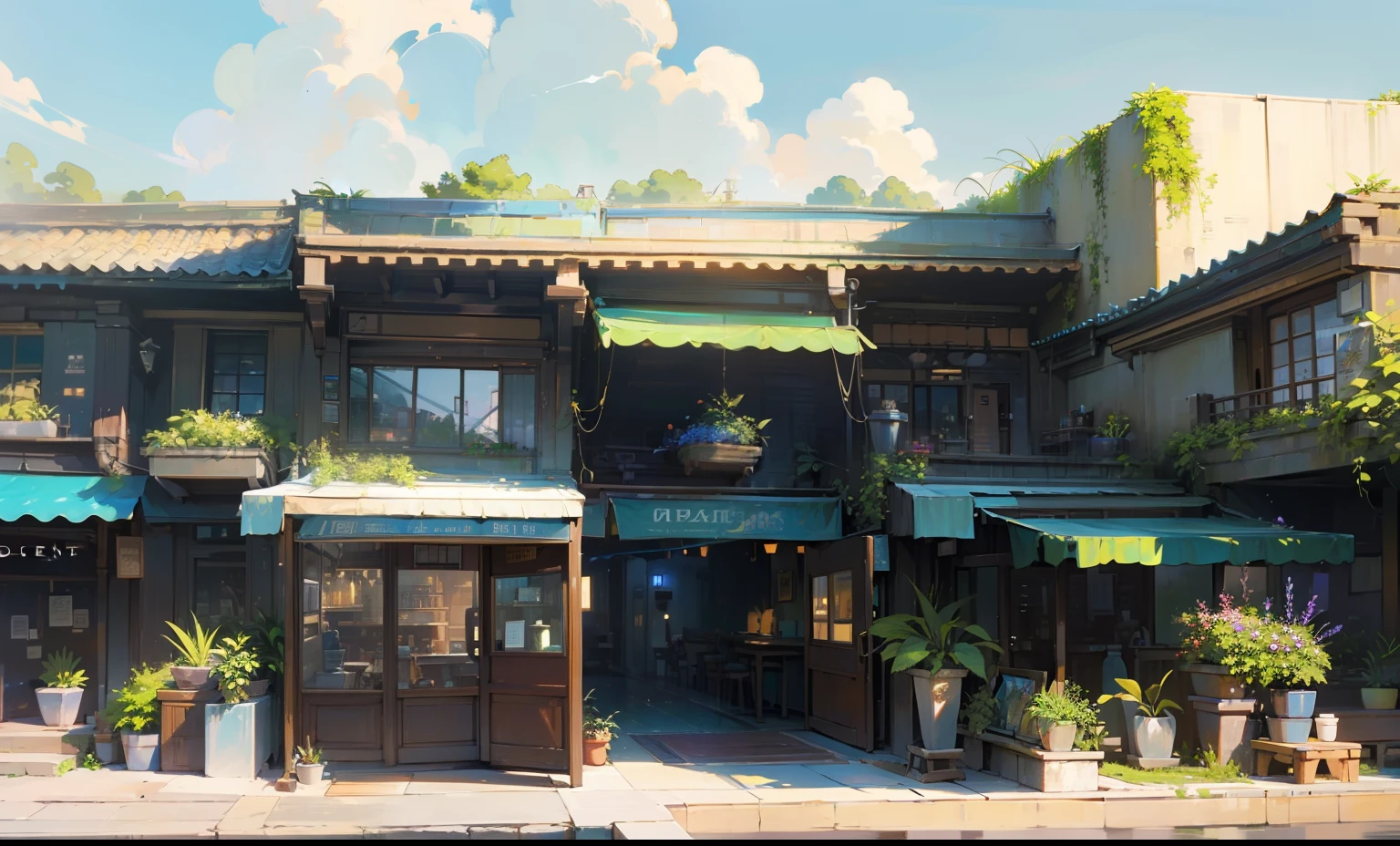 (masterpiece, best quality, Very detailed, Best shadow), (Detailed background,) Modern restaurant entrance, dazzling aquarium downstairs, verdant pots framing door, vast windows showcasing daylit scenery, vibrant hues, serene atmosphere