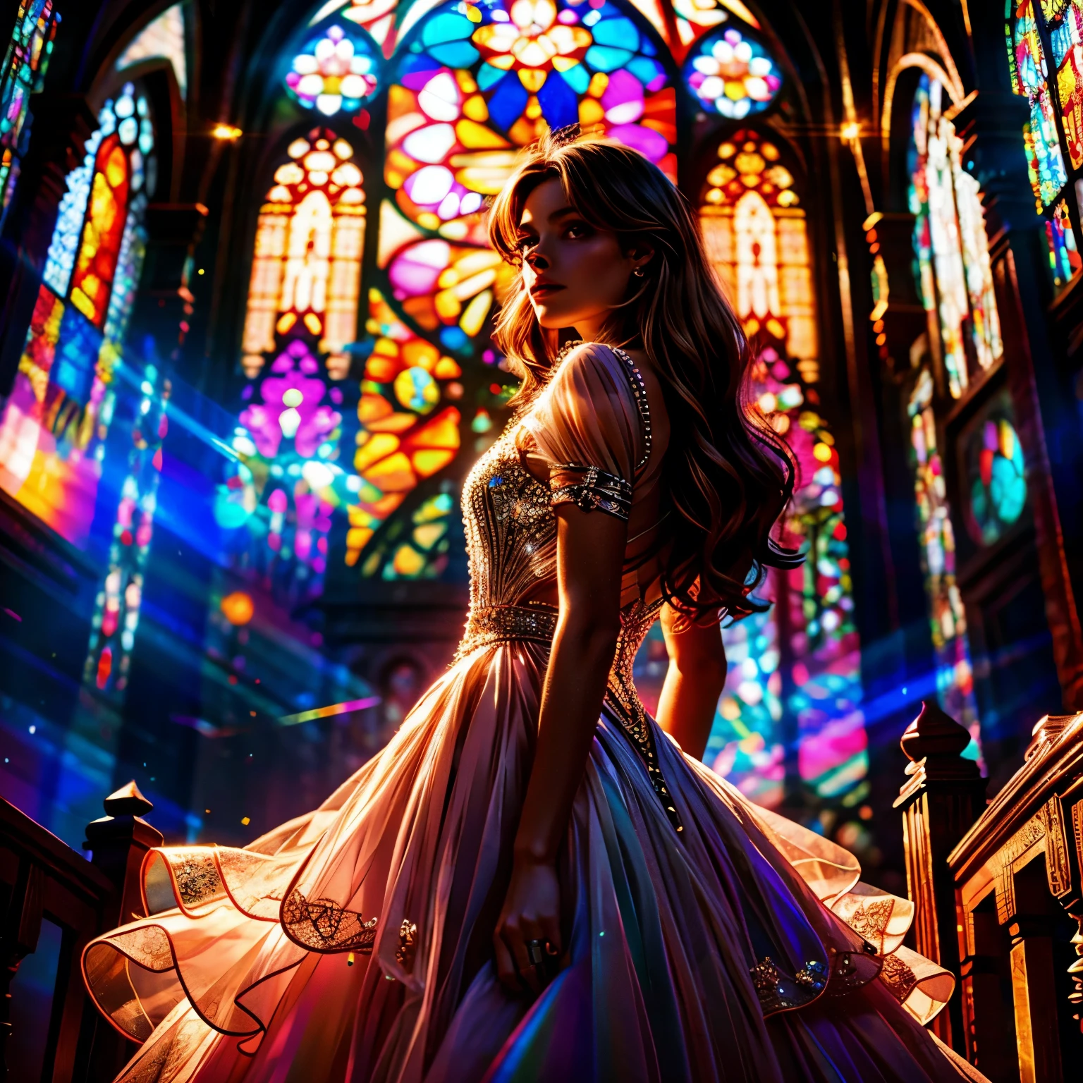 RubyRed (Cathedral from below:1.28) VolumetricLighting (ZoomedOut:1.28) ZoomLayer (BokeH:1.32), TopQuality 8K masterpiece of ((Professional photo)), (((Clarisse de Cagliostro))) (Detailed Delicate White WeddingDresses), Chain, Extremely detailed (KAWAII face) {(VeiledFace)|BlondeHair|(Spanking BuleEyes)}, The background is distant (((Elaborate stained glass))) Rainbow Glass, (MysticSight), GodRays, Radiant PearlSkin with Transparency, (Exposed:0.38)