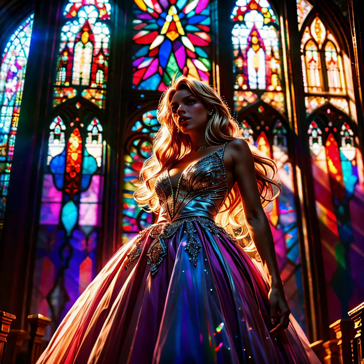 RubyRed (Cathedral from below:1.28) VolumetricLighting (ZoomedOut:1.28) ZoomLayer (BokeH:1.32), TopQuality 8K masterpiece of ((Professional photo)), (((Clarisse de Cagliostro))) (Detailed Delicate White WeddingDresses), Chain, Extremely detailed (KAWAII face) {(VeiledFace)|BlondeHair|(Spanking BuleEyes)}, The background is distant (((Elaborate stained glass))) Rainbow Glass, (MysticSight), GodRays, Radiant PearlSkin with Transparency, (Exposed:0.38)