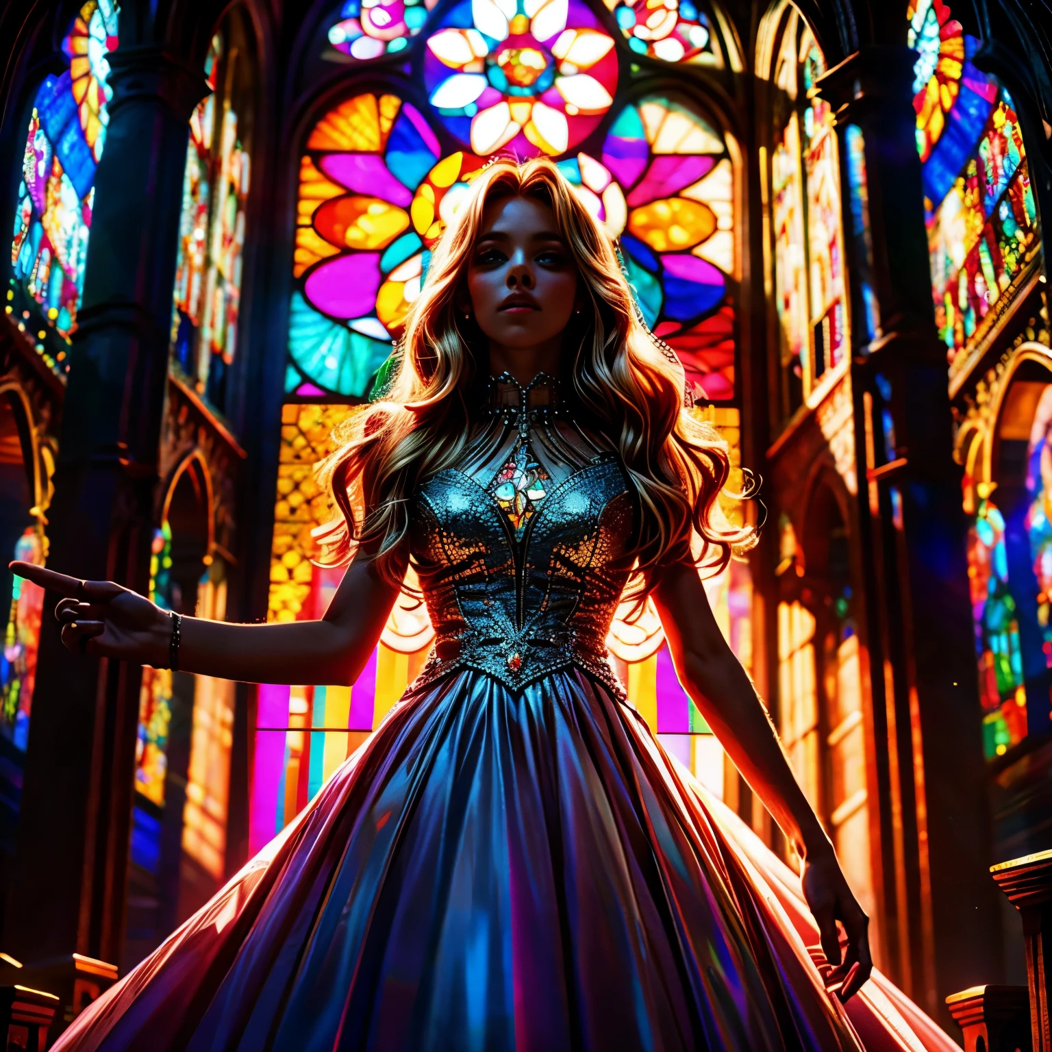 RubyRed (Cathedral from below:1.28) VolumetricLighting (ZoomedOut:1.28) ZoomLayer (BokeH:1.32), TopQuality 8K masterpiece of ((Professional photo)), (((Clarisse de Cagliostro))) (Detailed Delicate White WeddingDresses), Chain, Extremely detailed (KAWAII face) {(VeiledFace)|BlondeHair|(Spanking BuleEyes)}, The background is distant (((Elaborate stained glass))) Rainbow Glass, (MysticSight), GodRays, Radiant PearlSkin with Transparency, (Exposed:0.38)