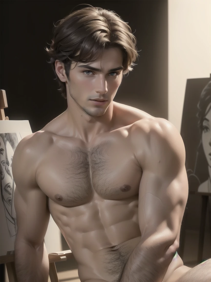 "((highly detailed, detailed eyes, detailed face, clear and realistic facial features, photorealistic, realistic light; cinematic)), (all men), ((((life drawing class)))), (((seductive coy erotic gorgeous male model posing)))."