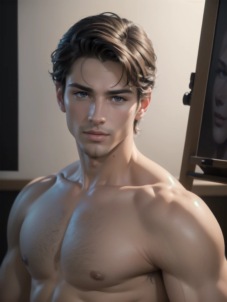 "((highly detailed, detailed eyes, detailed face, clear and realistic facial features, photorealistic, realistic light; cinematic)), (all men), ((((life drawing class)))), (((seductive coy erotic gorgeous male model posing)))."