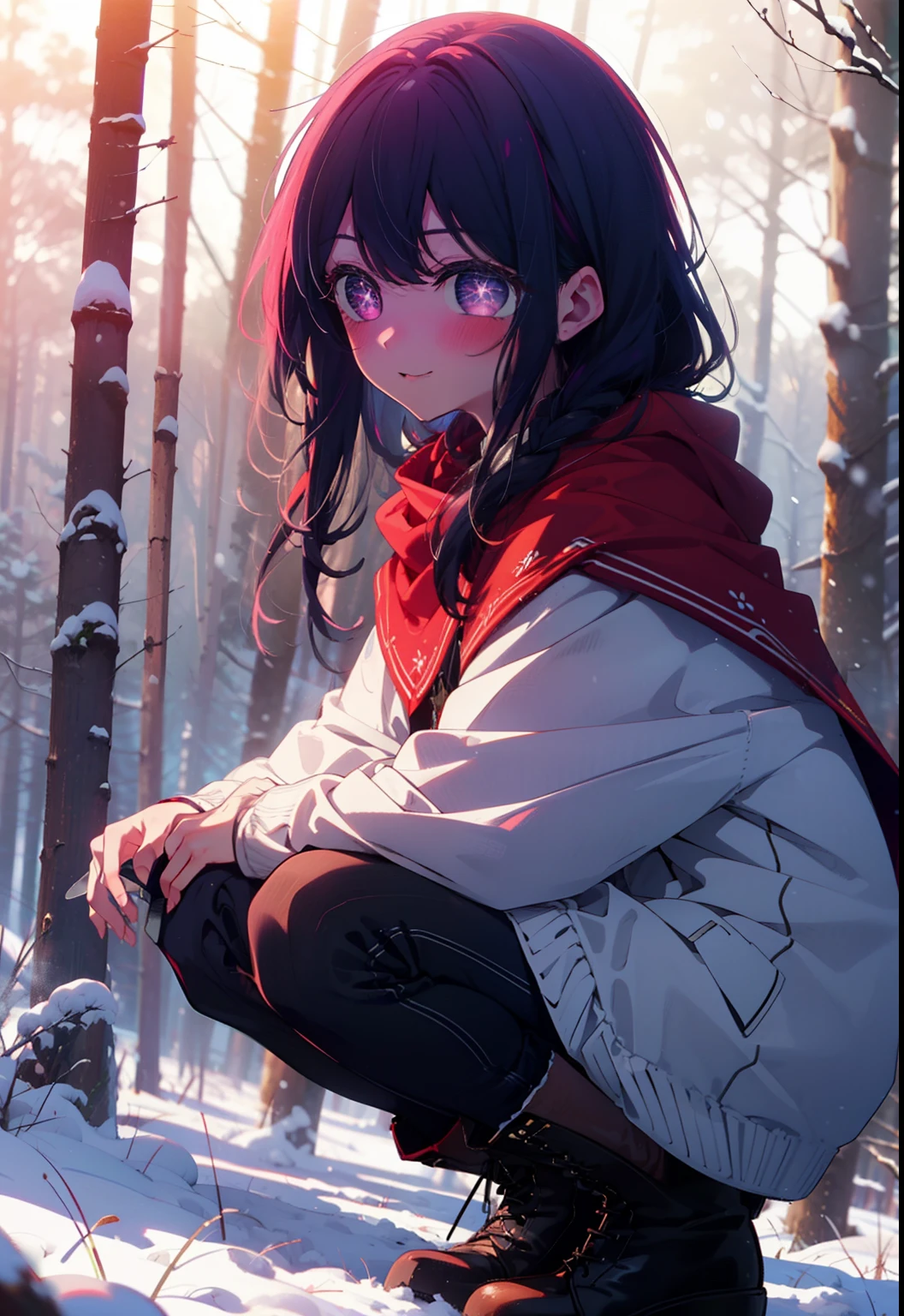 aihoshino, Ai Hoshino, Long Hair, bangs, (Purple eyes:1.1), Purple Hair, (Symbol-shaped pupil:1.5), smile,,smile,blush,white breath,
Open your mouth,snow,Ground bonfire, Outdoor, boots, snowing, From the side, wood, suitcase, Cape, Blurred, , forest, White handbag, nature, Squat, Mouth closed, Cape, winter, Written boundary depth, Black shoes, red Cape break looking at viewer, Upper Body, whole body, break Outdoor, forest, nature, break (masterpiece:1.2), Highest quality, High resolution, unity 8k wallpaper, (shape:0.8), (Beautiful and beautiful eyes:1.6), Highly detailed face, Perfect lighting, Extremely detailed CG, (Perfect hands, Perfect Anatomy),