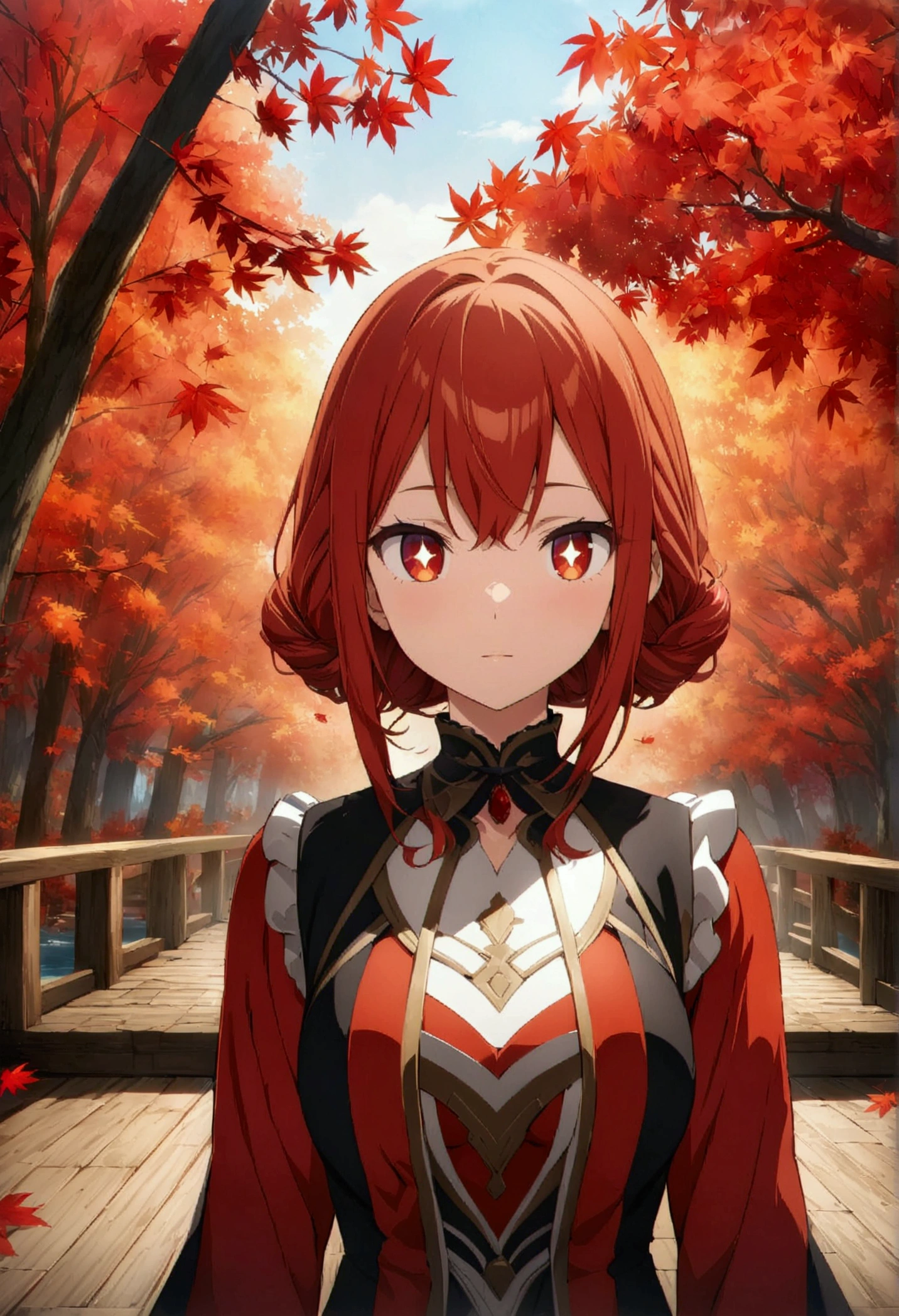 ((Masterpiece, Best Quality)), Ultra Detailed anime, Official Art, Unity 8k Wallpaper, Official Costume, Young women, Solo, Perfect Face, Shiny Skin, Sparkling Pupils, Hair Pick Dyed Red, Daytime, Background is Fire Red Maple Forest, Maple Leaf, Riverside, Wooden Bridge, Aesthetic, (upper_body)