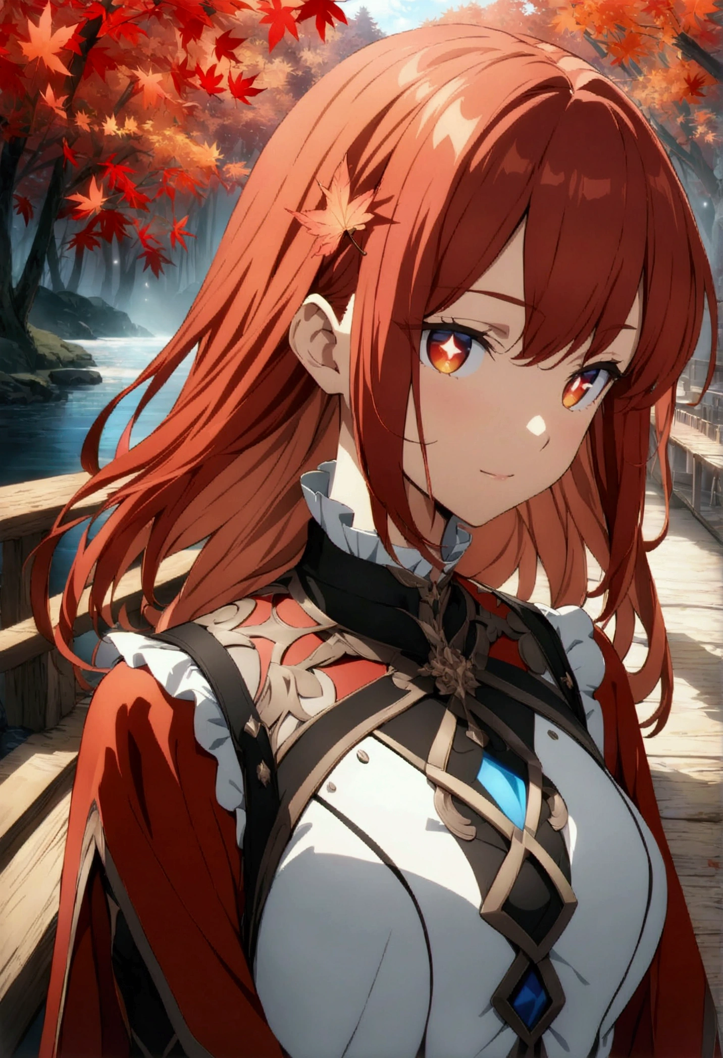 ((Masterpiece, Best Quality)), Ultra Detailed anime, Official Art, Unity 8k Wallpaper, Official Costume, Young women, Solo, Perfect Face, Shiny Skin, Sparkling Pupils, Hair Pick Dyed Red, Daytime, Background is Fire Red Maple Forest, Maple Leaf, Riverside, Wooden Bridge, Aesthetic, (upper_body)