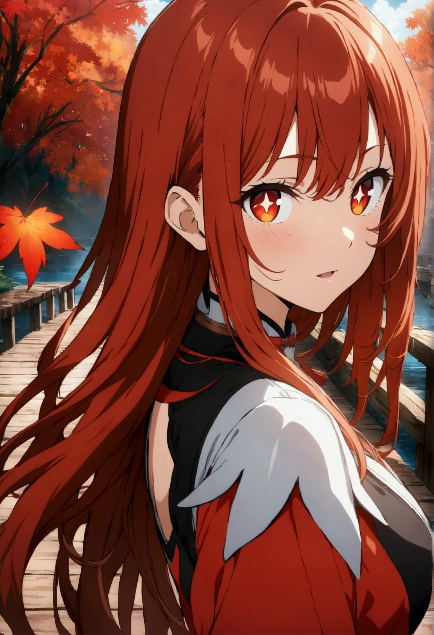((Masterpiece, Best Quality)), Ultra Detailed anime, Official Art, Unity 8k Wallpaper, Official Costume, Young women, Solo, Perfect Face, Shiny Skin, Sparkling Pupils, Hair Pick Dyed Red, Daytime, Background is Fire Red Maple Forest, Maple Leaf, Riverside, Wooden Bridge, Aesthetic, (upper_body)