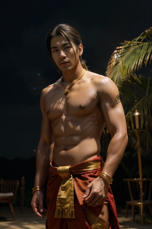 Asian god, A handsome Thai guy, wear a red cloth draped over the left shoulder, topless, gold bangle on arms, gold bangle on upper arm, gold earing, gold pendant, gold embroidered collar on showder, gold rings, Indian Dhoti Style, top-knot hairstyle and Peacock feathers for hair decoration, The left hand holds the trident, Full Frame, Professional Lighting, black sky and thunder background.
