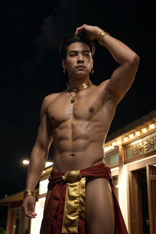 Asian god, A handsome Thai guy, wear a red cloth draped over the left shoulder, topless, gold bangle on arms, gold bangle on upper arm, gold earing, gold pendant, gold embroidered collar on showder, gold rings, Indian Dhoti Style, top-knot hairstyle and Peacock feathers for hair decoration, The left hand holds the trident, Full Frame, Professional Lighting, black sky and thunder background.