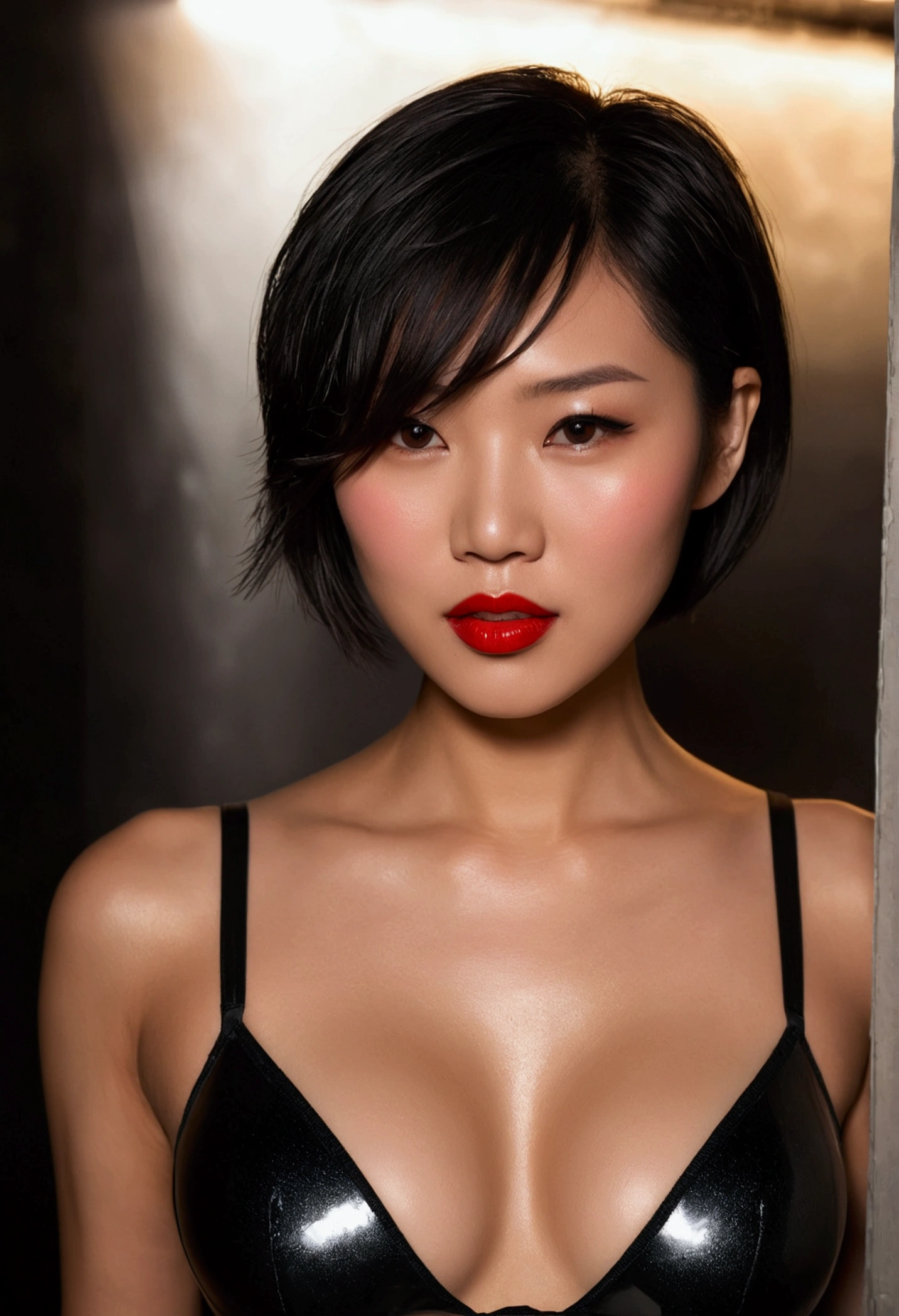 super hot woman, red lips, red lipstick, glossy lips, fuckable face, masturbatable face, super fine face, black bra, oily body, sweaty body, short straight asian hair, dramatic lightning, proffessional lighting