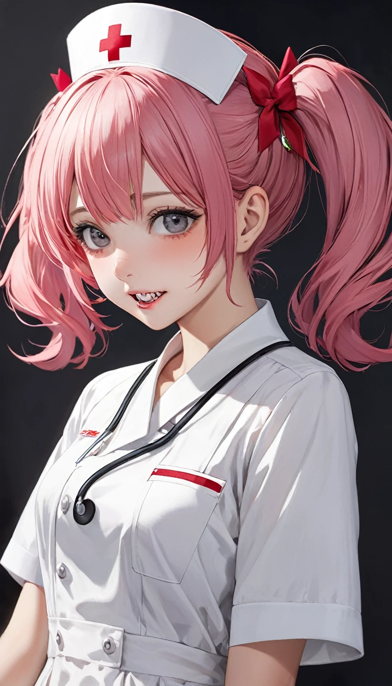 Asura像、Beauty caretaker 、Nurse uniform、Highest quality、masterpiece、One Girl、22 years old、White skin、Expressionless、Lift the corners of your mouth、Sharp teeth、Pink Hair。Twin tails、Hair Clip、big hair clip、Cute Hair Clips、Grey Eyes、Small red cheeks and nose、Flat Chest、Small 、Small breastsyes、Dead Man&#39;s Eyes、break、AsuraのBeauty caretaker 、(((Hospital room、Giving an enema to a patient、Stick an enema into the gate of the patient&#39;s school、Blurred patient&#39;s face、The patient is male、Blurred face of a man feeling pleasure)))、Asura