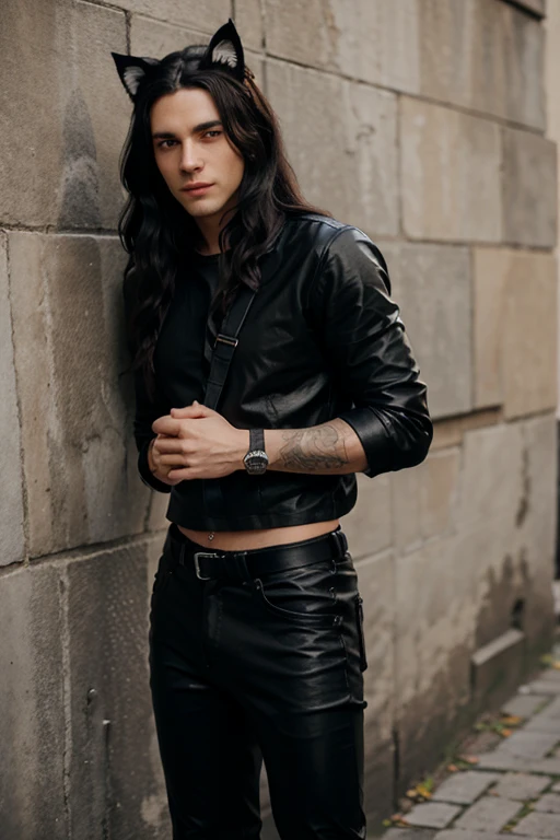 young European man with cat ears, long black wavy hair, wearing a black shirt and leathers pants
