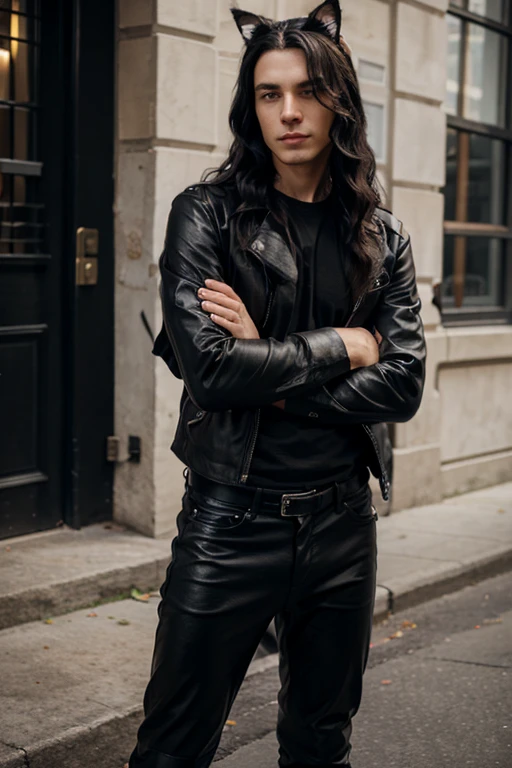 young European man with cat ears, long black wavy hair, wearing a black shirt and leathers pants