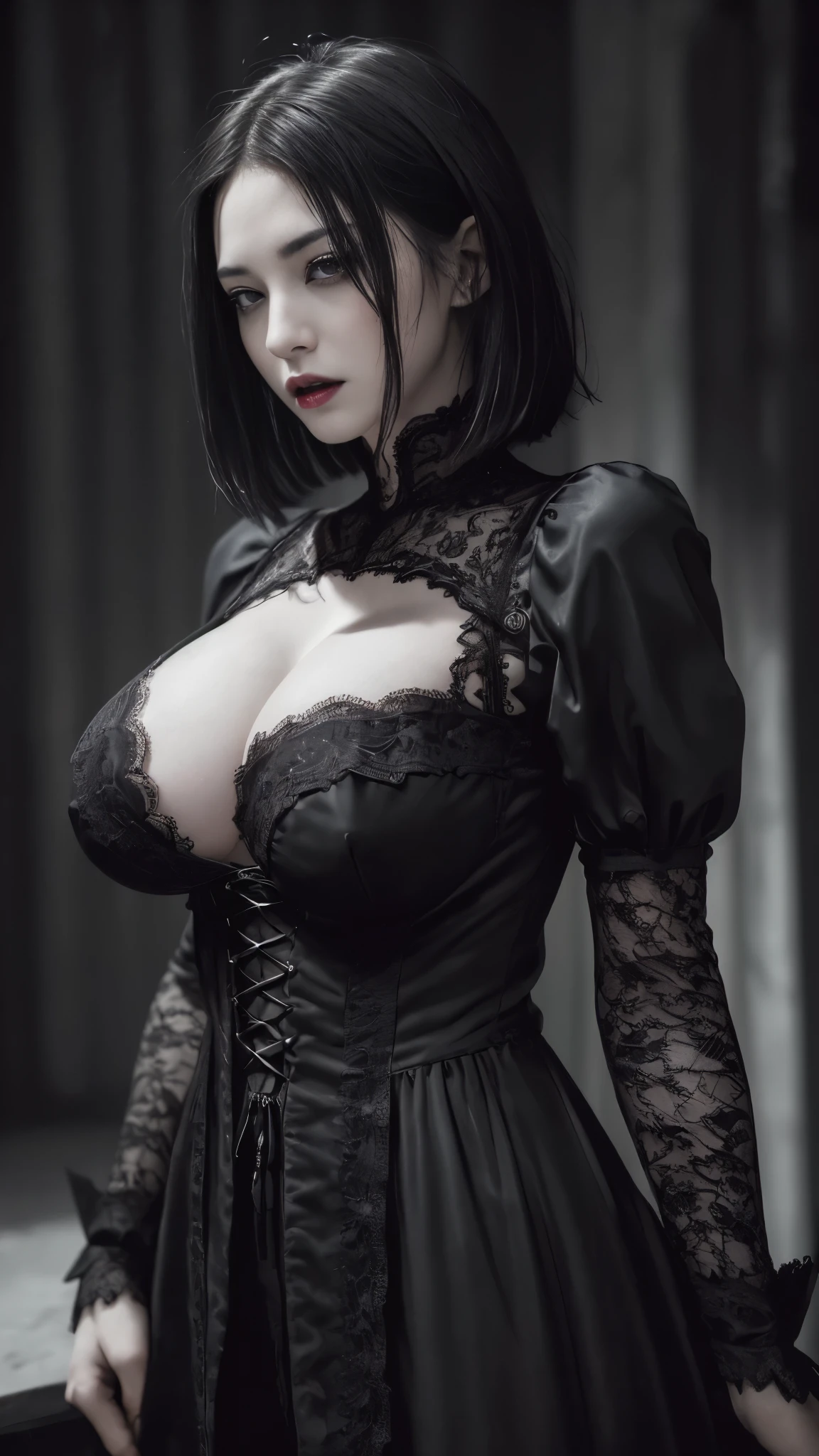 nsfw、(high quality: 1.3), Cinematic shots, masterpiece, (Sharp focus: 1.5), (Realistic: 1.3), Medium size portrait ((Big Breasts)) (Beautiful young vampire woman, Pale skin, Gothic, Still proud、Brave, Straight black short bob hair, Dark look, Detailed lace design、Wearing a very detailed dark tunic, Dark atmosphere, Sculpting shapes with chiaroscuro), that'night, (Very detailed肌), (Detailed face), Detailed Background, Dim lighting, dusk lighting, Volumetric lighting, Intricate details, Ultra-high resolution,Very beautiful woman、Slender women、(Detailed face)、Realistic Skin、((Delicate photo)),(少女masterpieceRAW写真詳細:1.25), (最high quality:1.6), (Ultra-high resolution:1.5), (Realistic:1.75),8k resolution, ,50mm,Absurd, Very detailed,Cinema Lighting、
