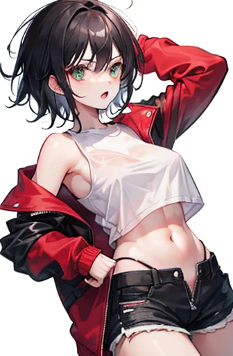 1girl, solo, mature female, vampire, (pale skin:0.8), red eyes, black hair, (wavy hair:0.1), messy hair, short hair, hair between eyes, wolfcut, pixie cut, makeup, punk, emo, breasts, black zipped hoodie, black nipples pasties, black shorts, pantyhose, makeup, black lips, alleyway, night, multiple boys