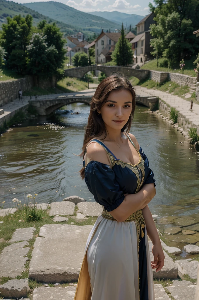 Kosovo, lovely woman, smirk, ((traditional kosovar dress)), on a bridge, ((small stone bridge)), ((to Pritzen)), ((in a town in Kosovo)) with a river, pretty face, beau corps, Balkan mountains in the background
