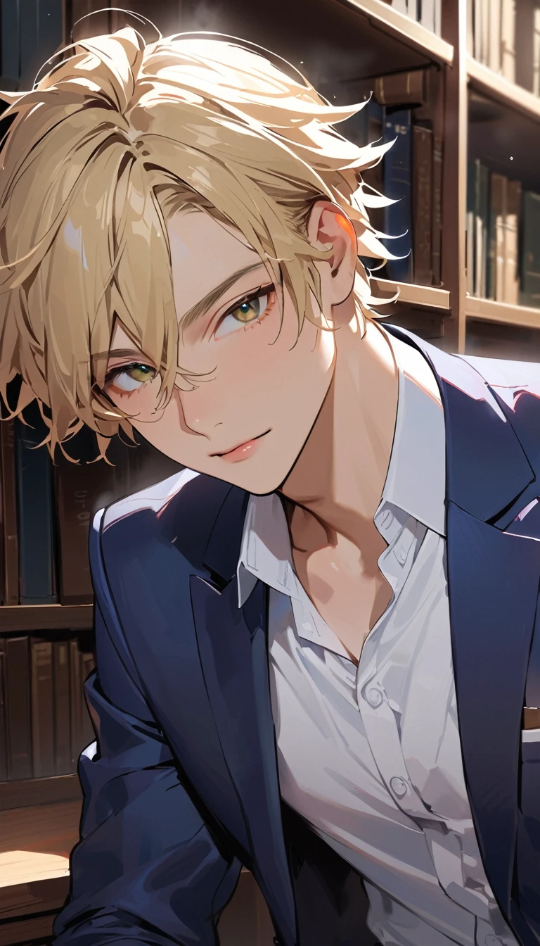 super detail, best quality, 18 years old, a handsome boy, Blonde, Short, unkempt hair, blazer, high school student, Wearing out,In the library