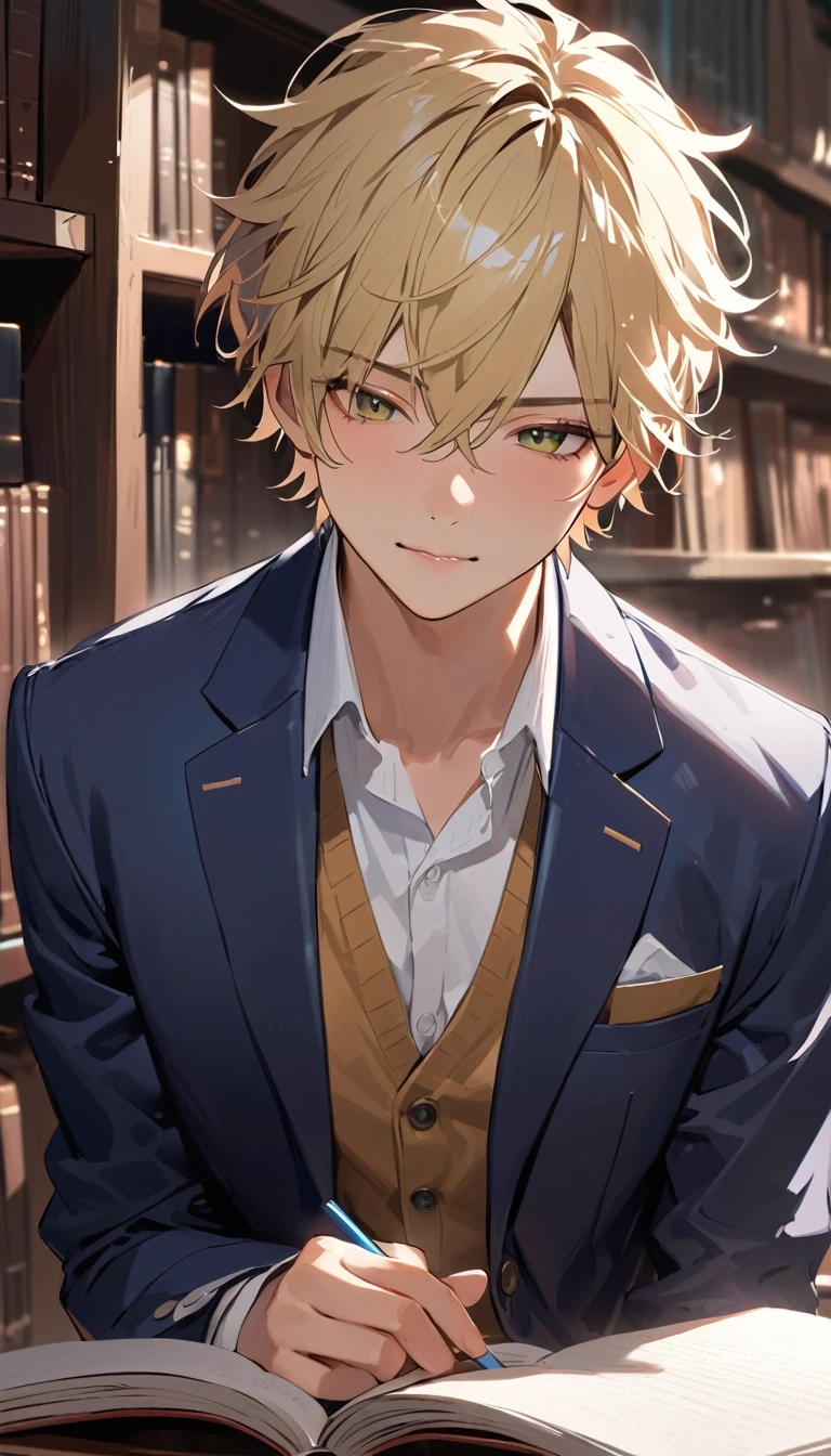 super detail, best quality, 18 years old, a handsome boy, Blonde, Short, unkempt hair, blazer, high school student, Wearing out,In the library