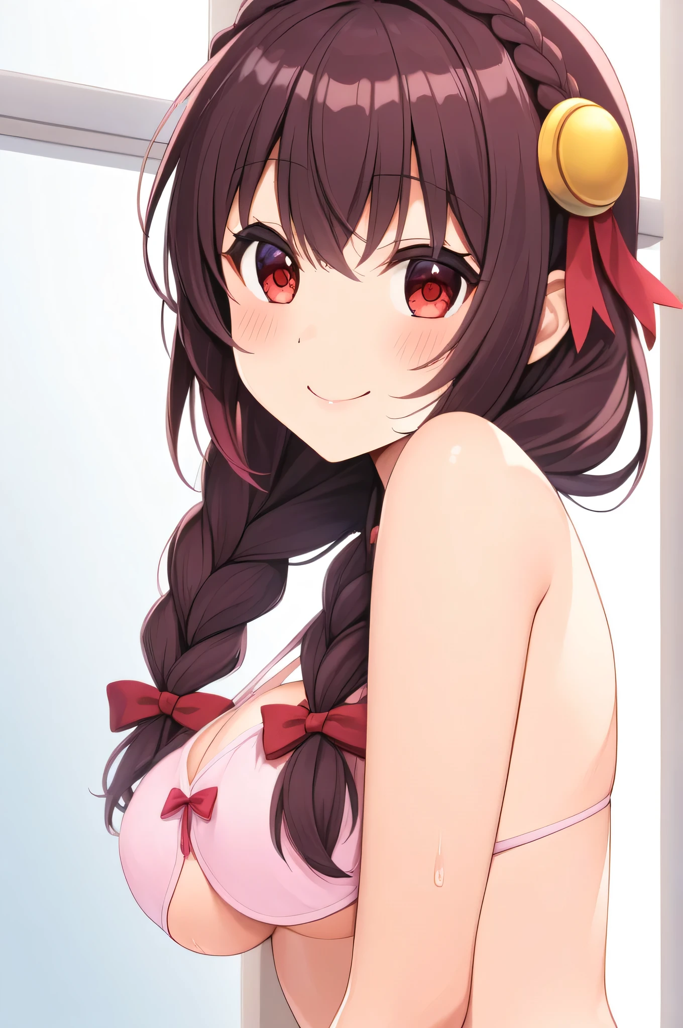 alone, One girl, Yunyun、blush 、View your viewers, Crown braids of the same color as your hair, Red Eyes、hair ornaments, Hair Ribbon, (White and pink bikini)、(Girl looking back)、Wet、(A shy smile:1.3)