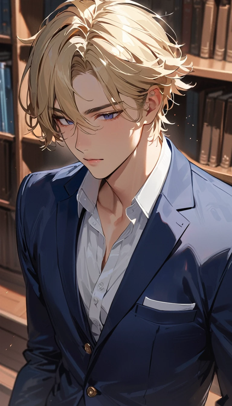 super detail, best quality, 18 years old, a handsome man, Blonde, Short, unkempt hair, blazer, high school student, Wearing out,In the library