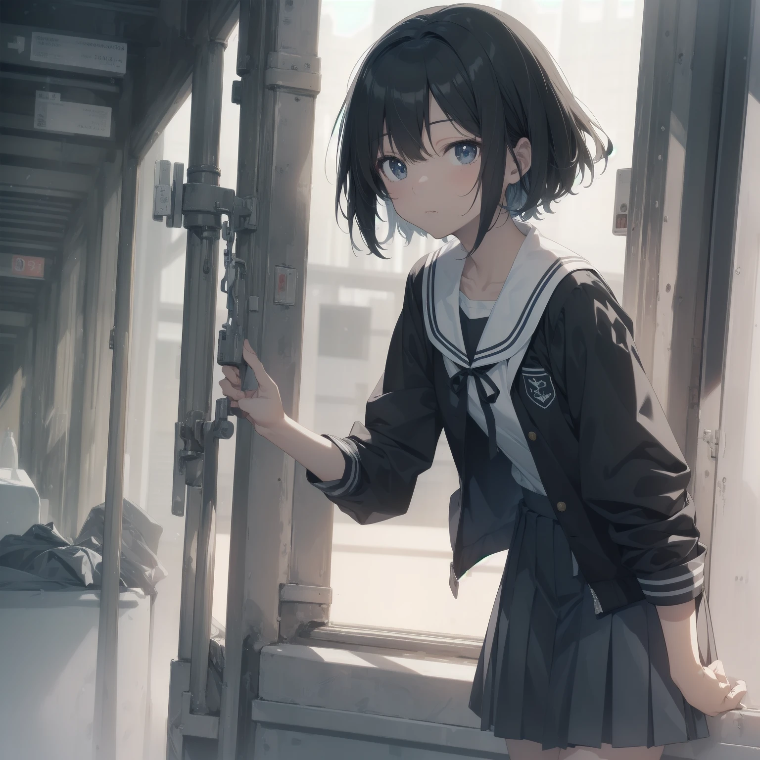 ultra-absurdres-Top quality by artist God, ultra-detailed, high resolution, anime moe artstyle, best anime 8k konachan wallpaper, pixiv contest winner, pool:2810, perfect anatomy,break, 1girl, (Please draw a girl walking sleepily to school alone. )break,(Solo,little female, 13-year-old:1.3),Full limbs, complete fingers,a junior high school student, (very short hair), short cut, flat chest, , small butt, small black eyes, beautiful detailed eyes, well-proportioned iris and pupils, expressive eyes, highres detailed hair, soft expression, salor school_uniform, sailor collar, serahuku, bow, pleated skirt,(Detailed Lighting), (Detailed background), in the School commute route. break,super detailed skin, Best cinematic lighting powered by famous artist, 8k,beauty illustration,photoshop_(medium),very aesthetic,break,((artist:zen_(kamuro) )), artist:clamp ,artist:carnelian ,artist:kantoku ,