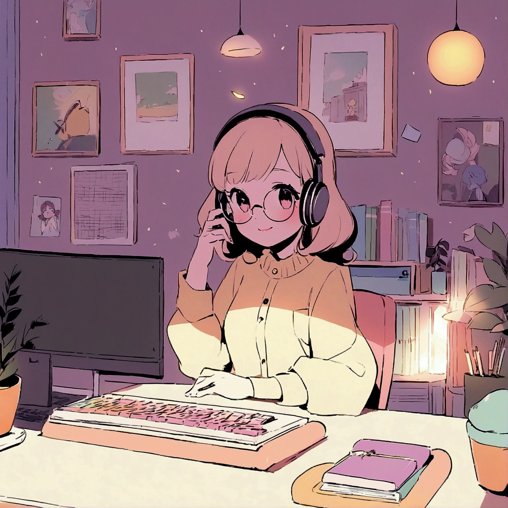 Girl working on a PC,Lo-fi atmosphere,Quiet and relaxing environment,Cozy rooms with warm lighting,Illustration in vintage style,Soft and calming colors,Cute anime style characters,Retro Computer Monitor and Keyboard,Over-Ear Headphones,Coffee Mugs,Bob hair and round glasses,smile with rosy cheeks,A keyboard with colorful keycaps,Potted plant on the desk,fairy lights on background,Artistic posters on the wall,Soft sunlight streaming through the window,Quiet and peaceful environment,Stimulating and creative atmosphere,Retro aesthetic vibe,Relaxing music playing in the background,Comfortable chair and ergonomic setup,A desk covered with artistic notebooks and stationery,Stylish and unique desktop wallpapers,A bookshelf filled with books and records,A unique creative workspace,neatly organized desk,Inspirational quotes on the wall,A soothing lavender scented candle,Cheerful and cheerful personality,Positive and focused mindset,Expression of joy and satisfaction,Beautiful and delicate eyes and lips,feel happy and productive,Increase motivation to complete tasks,Attention to detail in every stroke,Imagination and creativity in her work,An artistic atmosphere that inspires others.