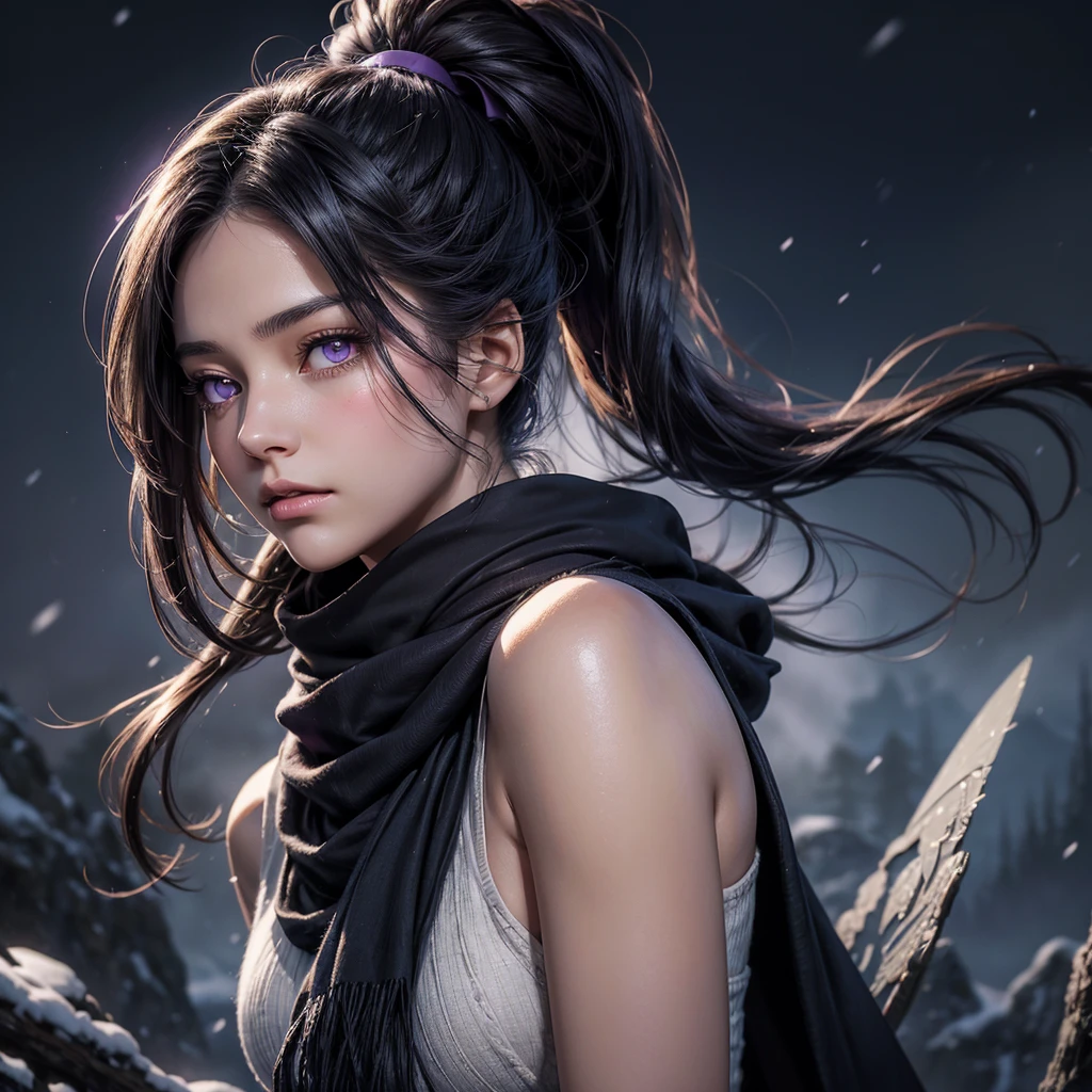 Create a high-quality, detailed anime-style image of a young woman with long, dark hair in a ponytail and violet eyes. She wears a dark scarf and has a calm, serious expression. A glowing, ethereal butterfly hovers near her face, illuminating her features softly. The background is a misty, snowy landscape, creating a serene and mystical atmosphere.