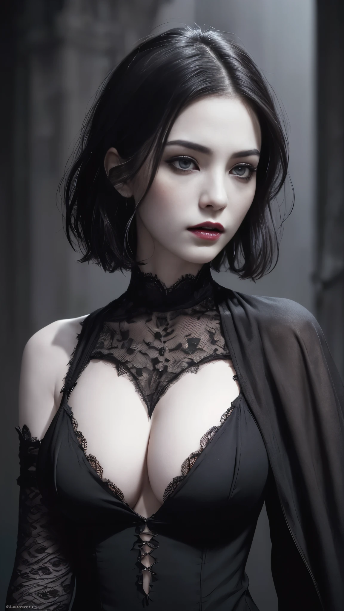 nsfw、(high quality: 1.3), Cinematic shots, masterpiece, (Sharp focus: 1.5), (Realistic: 1.3), Medium size portrait ((Big Breasts)) (Beautiful young vampire woman, Pale skin, Gothic, Still proud、Brave, Straight black short bob hair, Dark look, Detailed lace design、Wearing a very detailed dark tunic, Dark atmosphere, Sculpting shapes with chiaroscuro), that'night, (Very detailed肌), (Detailed face), Detailed Background, Dim lighting, dusk lighting, Volumetric lighting, Intricate details, Ultra-high resolution,Very beautiful woman、Slender women、(Detailed face)、Realistic Skin、((Delicate photo)),(少女masterpieceRAW写真詳細:1.25), (最high quality:1.6), (Ultra-high resolution:1.5), (Realistic:1.75),8k resolution, ,50mm,Absurd, Very detailed,Cinema Lighting、