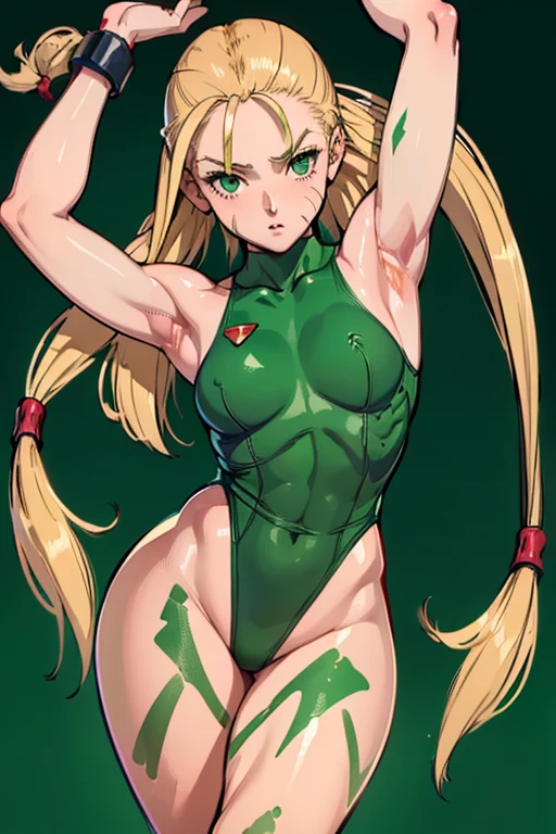 nfsw (((highest quality: 1.3))), (((protruding pubic hair: 1.3))), (((armpit hair: 1.3))), (((green leotard))), Cammy White, blush, showing armpit, blonde, full body