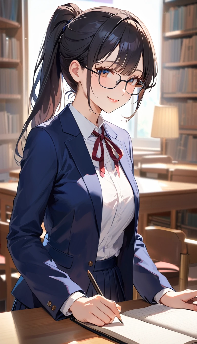 18 yeaes old, a cute woman, ponytail, Black Hair, Glasses, smile,Navy blue blazer, White shirt, Navy blue long skirt, high school student,Barely,In the library,Blurred background
