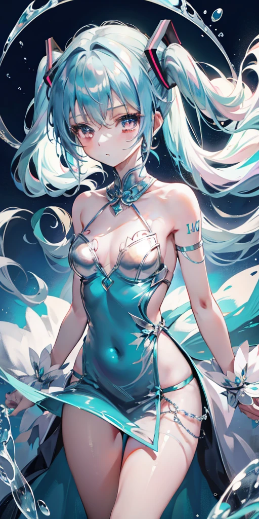 blue theme, Hatsune Miku portrait,masterpiece, magic , (Impossible Dress:1.5), mini skirt, Gradient background, Silver-blue hair, , bangs,Side Chain, pink eyes, (ulzang-6500-v1.1:0.9), Medium chest, Chest, Thigh gap, Hair accessories, arching back, Black_witch_have,complicated_decorate,mystery_fountain,luminescent_crystal