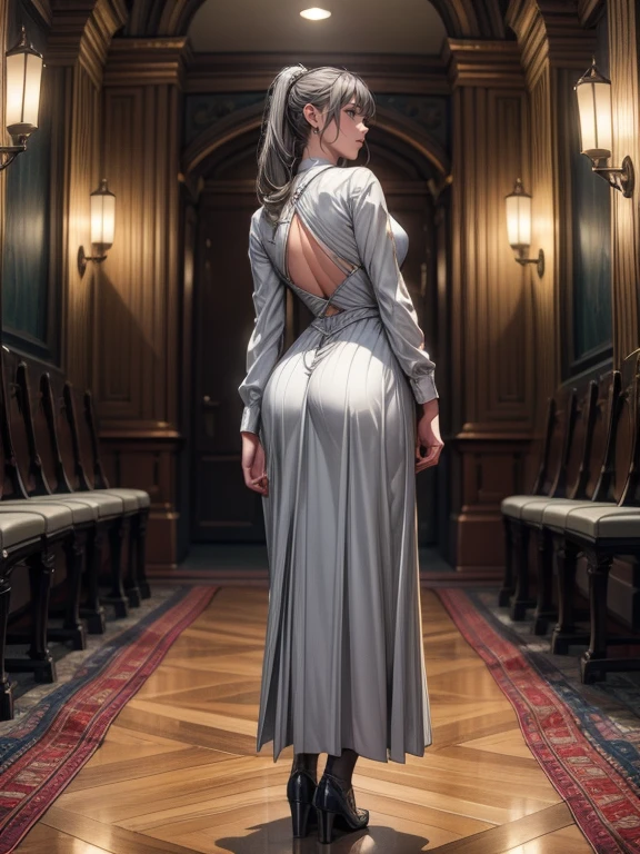 (Highest quality,8k,masterpiece:1.2),Very detailed,One Girl, Gray two-tone hair,dress,Long skirt,Beautifully detailed face, Complex,Dramatic lighting,4K,Detailed Background,Caustics,Portraiture,Full Body Shot,Looking at the audience,Rear view, Her butt is nice and round、The curve is clear, Beautiful lighting enhances the overall atmosphere. Full Body Shotで彼女を魅力的に見せましょう.