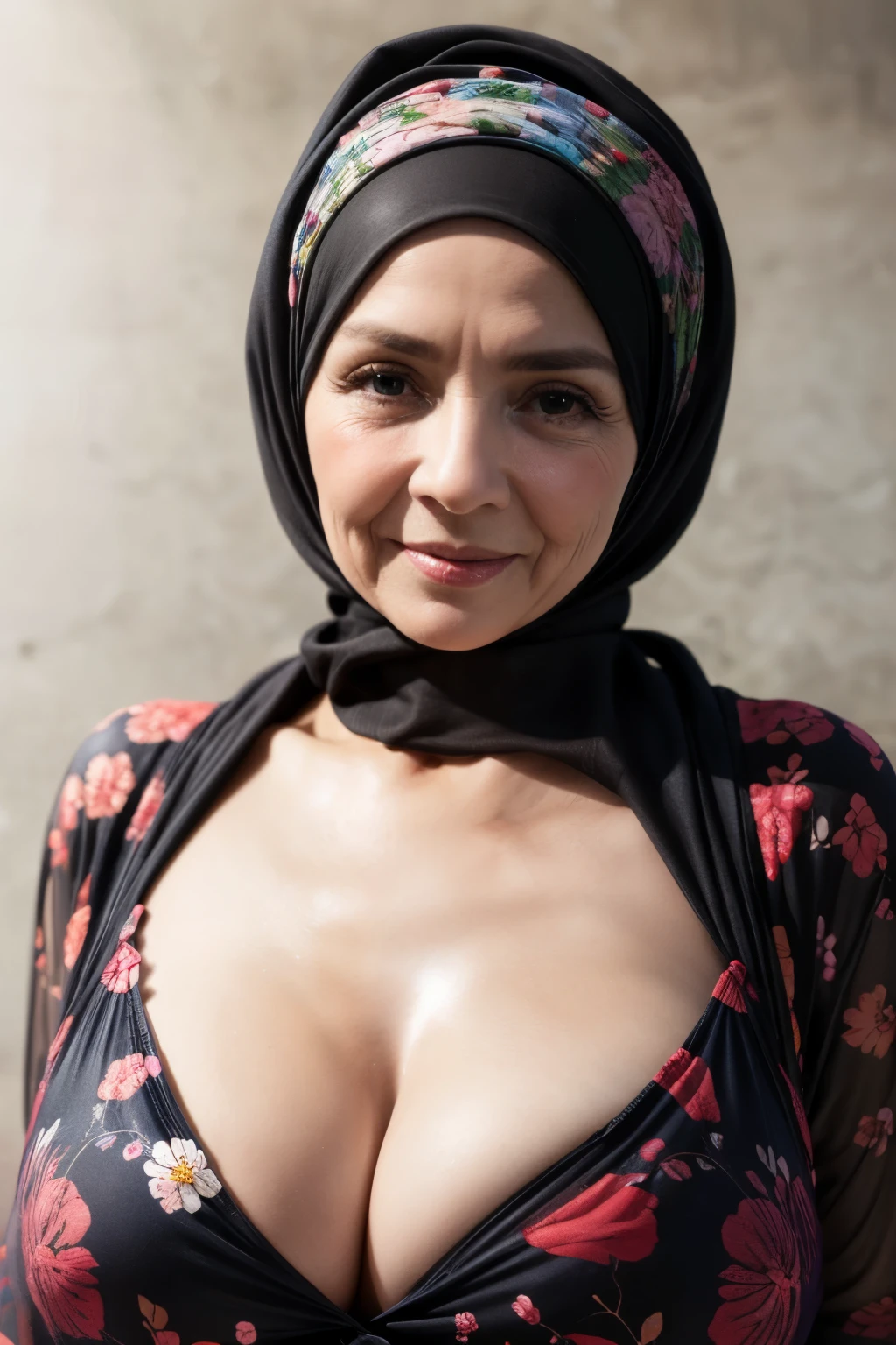 ((Naked Colourfull)), ((Old Lady :1.6)), (((VERY SHINY SKIN))), Very cute like a Matured Lady, ((Stylish Hijab)), adorable, 2 girl, 55 years old, , shy, half body portrait,smile, (face details: 1), (eye details: 1), ((round large breasts, cleavage)). Cute posed. proportional body. Ultra High Res. (realistic: 2), UHD, ((SHINY SKIN :1.5)), ((Floral Pattern)).
